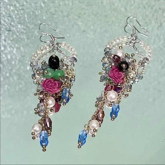 Handmade Bohemian Floral Wedding Earrings - Beaded Chandelier Dangles - Picture 14 of 15